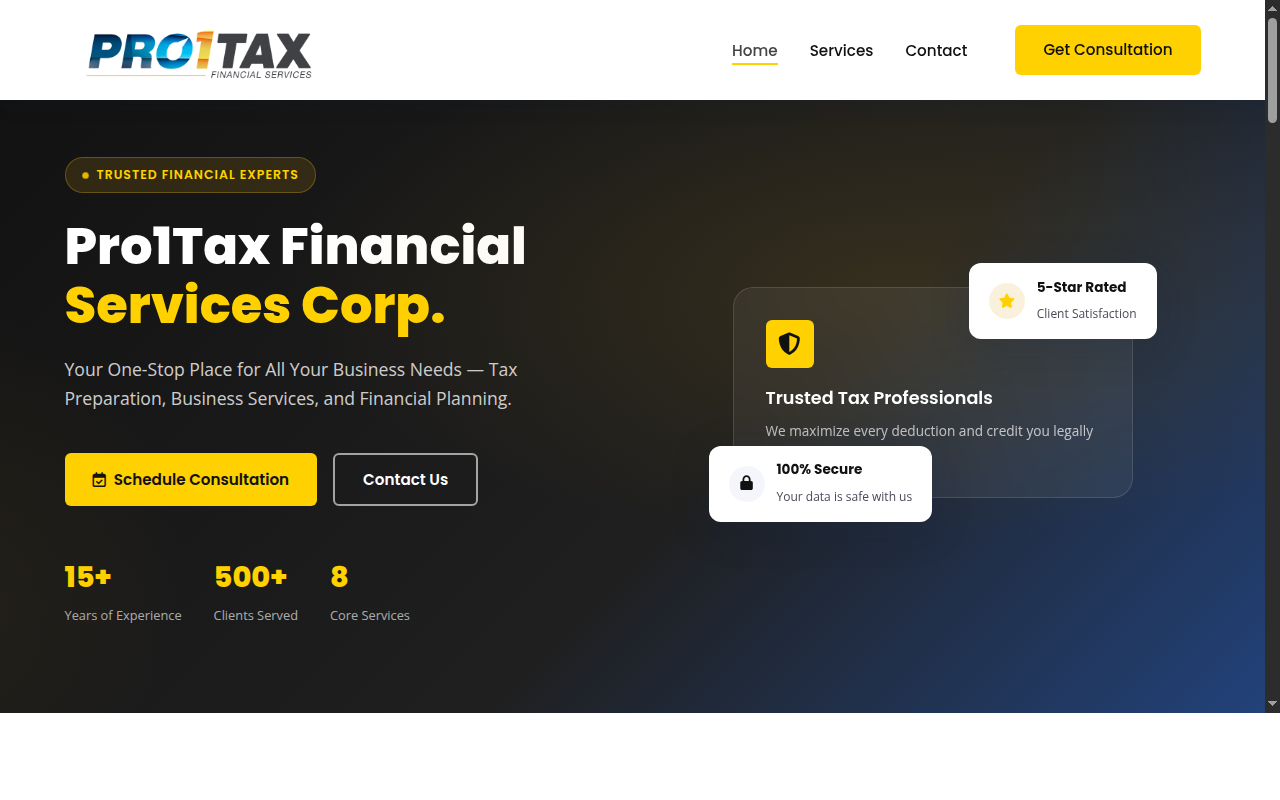 Pro 1 Tax Corp website screenshot
